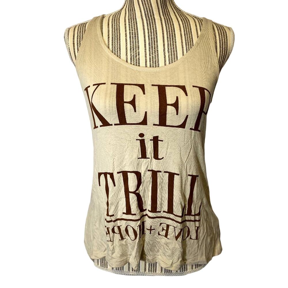 JC Fits Beige “Keep It Trill” Graphic Keyhole Back Sleeveless Tank Womens Med